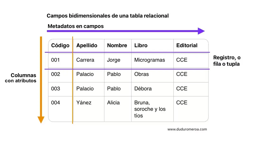 Ejemplo de tabla relacional, con columnas, registros (o tuplas), en Guayaquil, Ecuador, tomado de www.duduromeroa.com