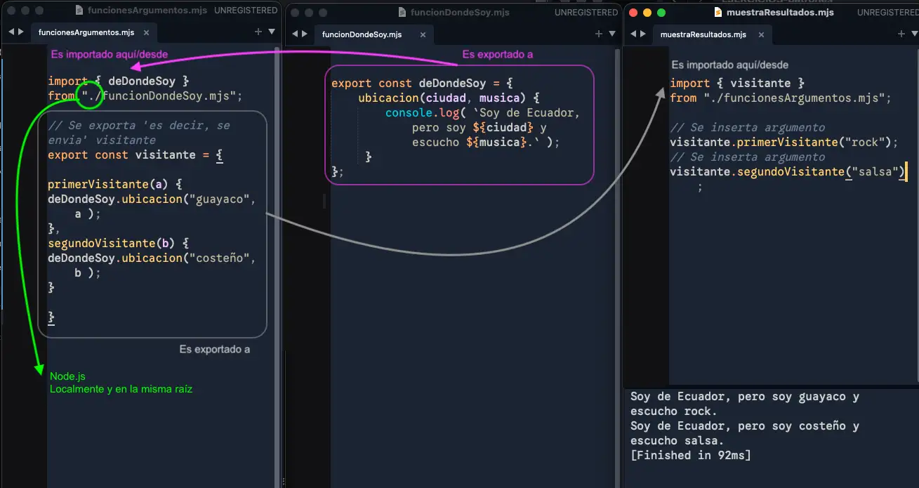 Ejemplo de uso de sentencias import / export para creación de módulos en Javascript. Ojo con las extensiones [Module Js] .mjs de los archivos.  Guayaquil, Ecuador, www.duduromeroa.com