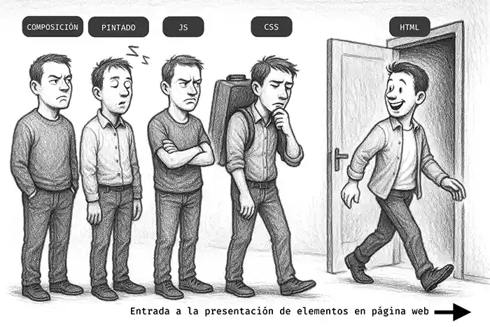 Cinco personas en una fila, con diferentes estados de ánimo, para ejemplificar la demora de la carga de recursos en un sitio web. duduromeroa.com