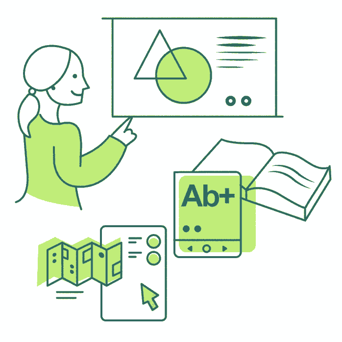 Gráfico lineal a un solo color con una mujer y una pantalla, un libro y un cursor de computadora para artículo tema El diseño gráfico para conocimiento útil en beneficio de las personas. www.duduromeroa.com, Ilustración y gráficos informativos. Guayaquil, Ecuador
