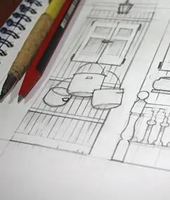 imagen que muestra el dibujo artístico de una ventana campestre, con una lámpara y unas ollas, junto con los lápices usados. De la web www.duduromeroa.com, Guayaquil, Ecuador