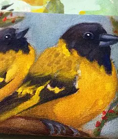 Imagen que muestra la pintura hecha en acrílico de dos aves pecho amarillo posados en una rama. De la web de www.duduromeroa, Guayaquil, Ecuador