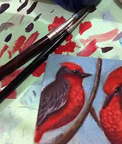 Imagen que muestra la pintura hecha en acrílico de dos aves pecho rojo, uno al frente de otro. De la web de www.duduromeroa, Guayaquil, Ecuador