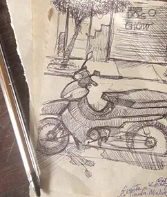 Imagen que muestra el dibujo hecho a mano alzada que representa una vereda y una moto. De la web www.duduromeroa.com, Guayaquil, Ecuador