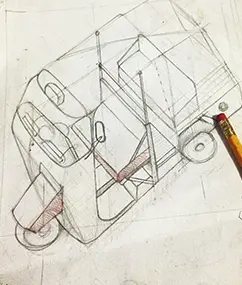 Imagen que muestra el dibujo hecho a lápiz de una furgoneta urbana de tres ruedas. De la web www.duduromeroa.com, Guayaquil, Ecuador