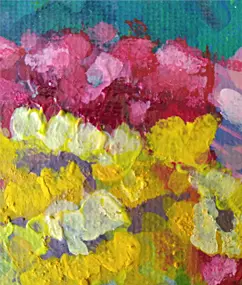 Imagen que muestra el acercamiento de un área con trazos de brocha con pintura roja y amarilla que representan un ramo de flores. De la web www.duduromeroa.com, Guayaquil, Ecuador