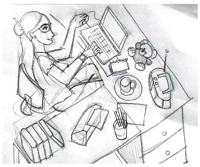 Autor: duduromeroa@. Boceto previo a ilustración de chica sobre escritorio de oficina, tecleando.