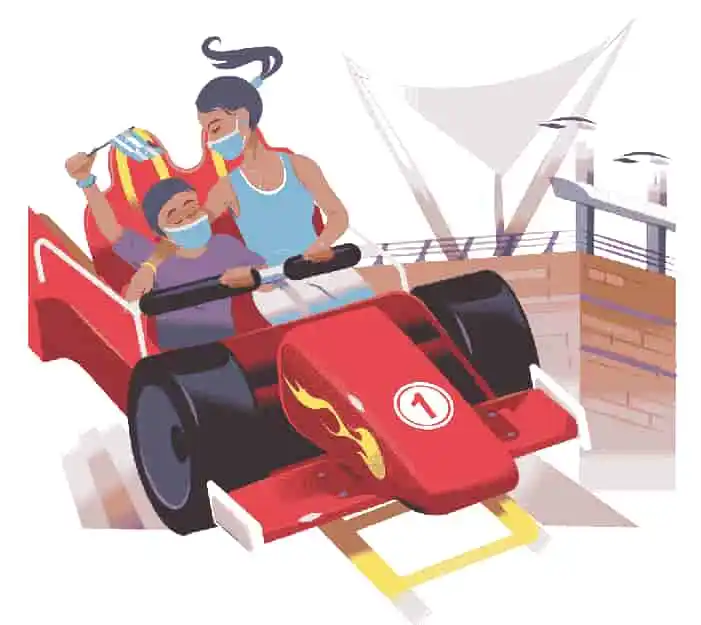 Autor: duduromeroa@. Gráfico a color. Mujer y niño en carro rojo de parque de diversiones en Guayaquil. Ilustración para infografía impresa #GuayaquilBrillaOtraVez.