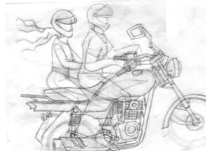 Autor: duduromeroa@. Gráfico a color. Boceto de dos personas sobre una motocicleta.