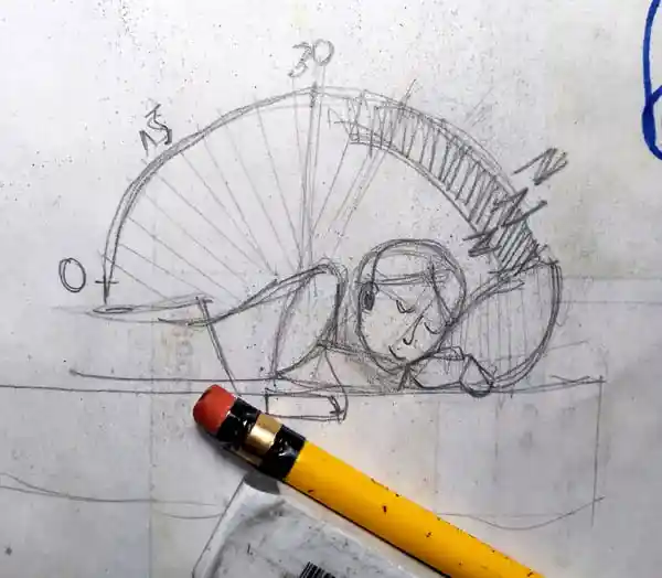 Autor: duduromeroa@. Boceto. Persona sobre una cama durmiendo una siesta y escuchando música con audífonos.