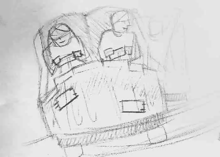 Autor: duduromeroa@. Boceto a lápiz. Mujer y niño en carro rojo de parque de diversiones en Guayaquil. Ilustración para infografía impresa #GuayaquilBrillaOtraVez.