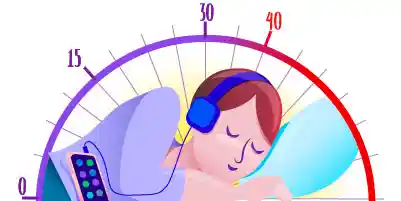 Autor: duduromeroa@. Gráfico a color. Persona sobre una cama durmiendo una siesta y escuchando música con audífonos.