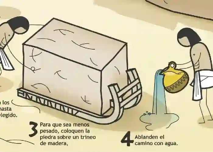 Autor: duduromeroa@. Gráfico a color. Ilustración estilizada de egipcios construyendo las antiguas pirámides.