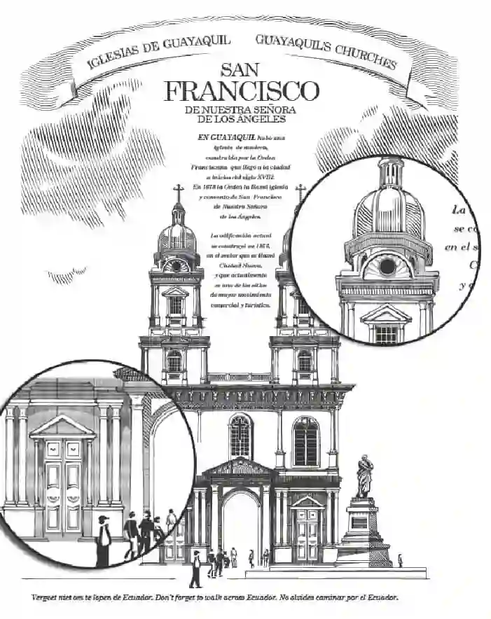 Autor: duduromeroa@. Gráfico a color. Ilustración a líneas en blanco y negro de la fachada de la iglesia San Francisco, frente al parque Rocafuerte, en la ciudad de Guayaquil, –Ecuador–.